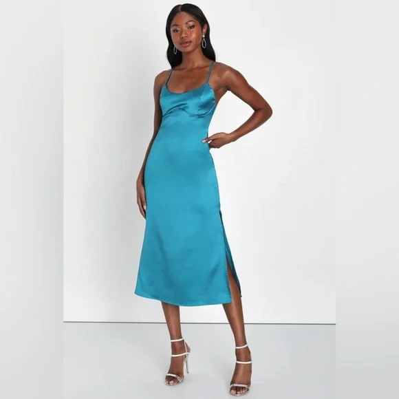 Lulus | Dresses | Lulus Xs Luxe Date Teal Blue Satin Seamed Backless Midi  Dress | Poshmark